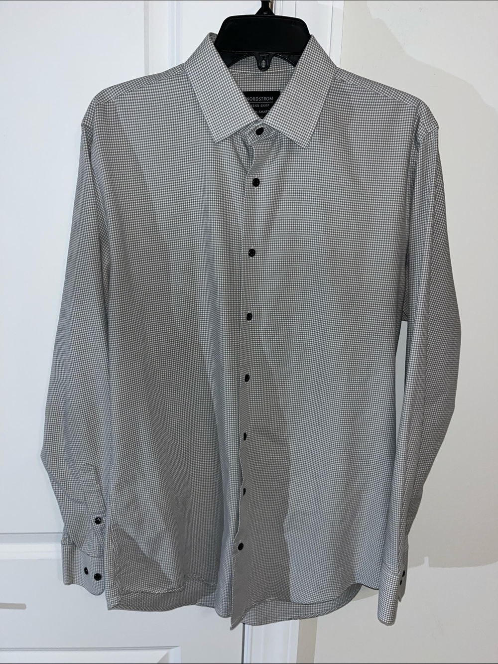 Nordstrom Tech Smart Trim Fit Gray White Check Plaid Dress Shirt 15 1/2” x 34/35